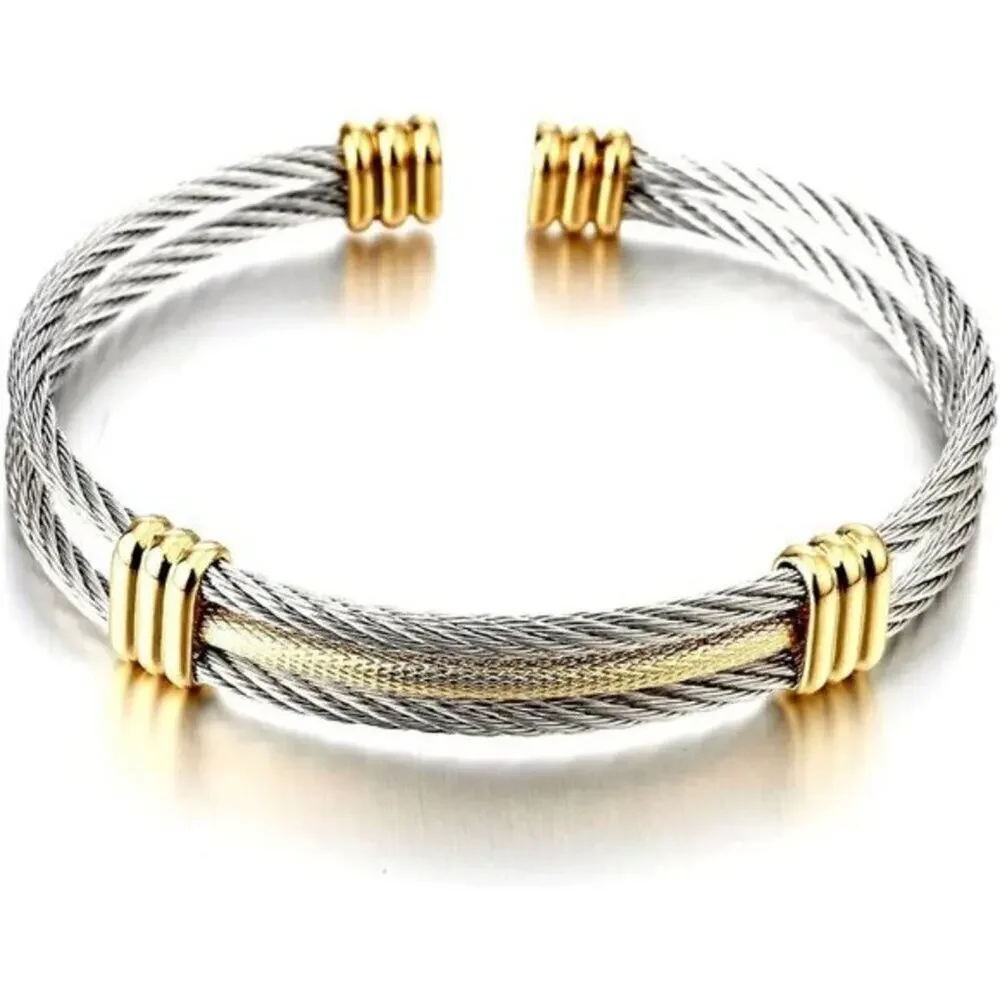 Stainless Steel Twisted Cable Cuff – Adjustable Bracelet for Men & Women